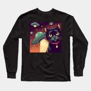 Retro cat selfie with UFO Long Sleeve T-Shirt